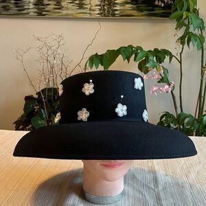 Elegant Black Wool Hat with White Sequined Beaded Floral Accents
